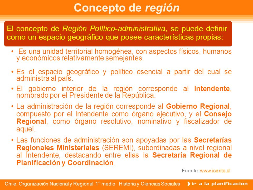 Concepto de región El concepto de Región Político-administrativa, se puede definir como un espacio geográfico que posee características propias: