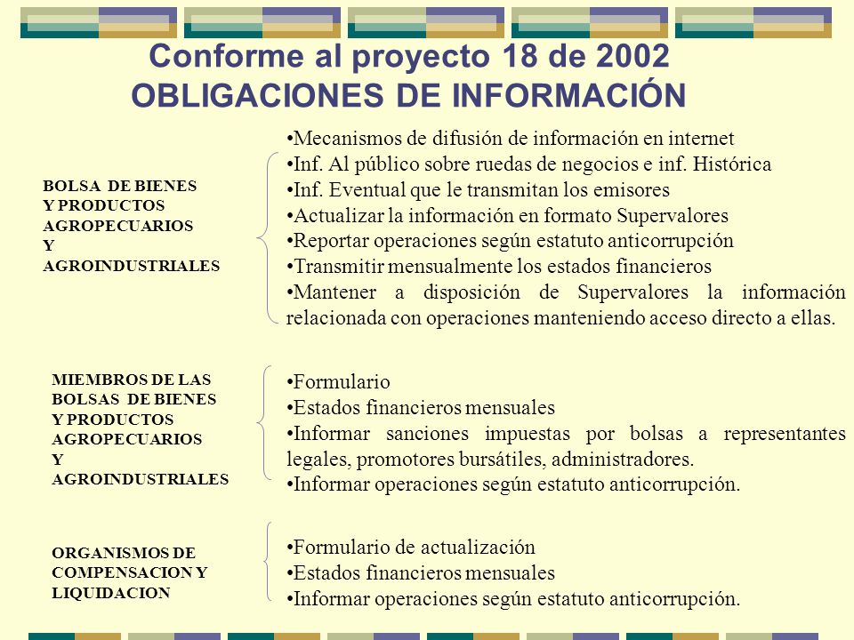 Conforme al proyecto 18 de 2002 OBLIGACIONES DE INFORMACIÓN