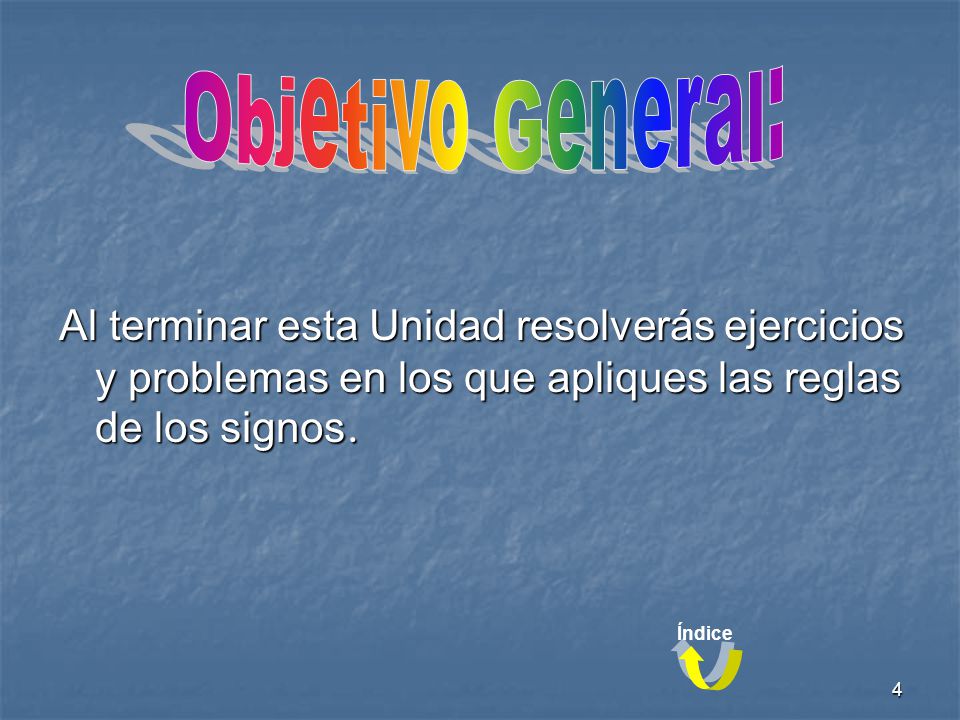 Objetivo General: Al terminar esta Unidad resolverás ejercicios y problemas en los que apliques las reglas de los signos.