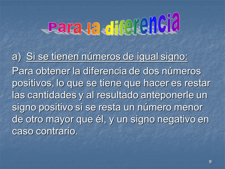Para la diferencia a) Si se tienen números de igual signo: