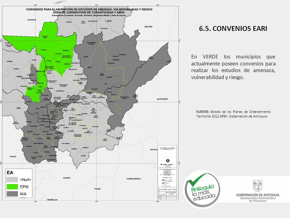 En VERDE los municipios que actualmente poseen convenios para realizar los estudios de amenaza, vulnerabilidad y riesgo.