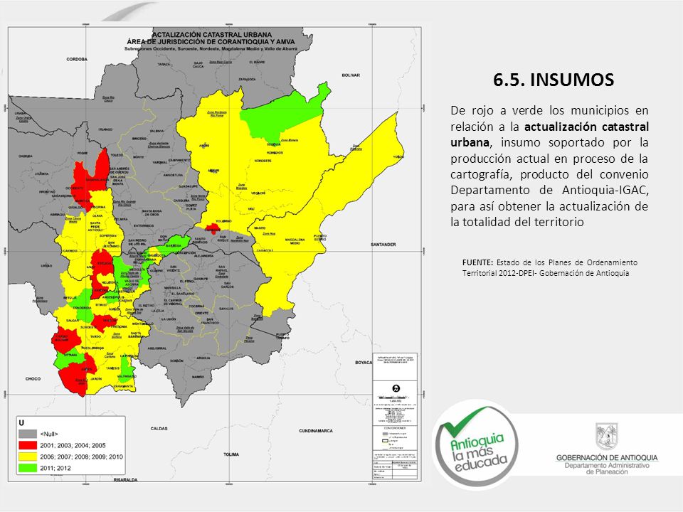 De rojo a verde los municipios en relación a la actualización catastral urbana, insumo soportado por la producción actual en proceso de la cartografía, producto del convenio Departamento de Antioquia-IGAC, para así obtener la actualización de la totalidad del territorio