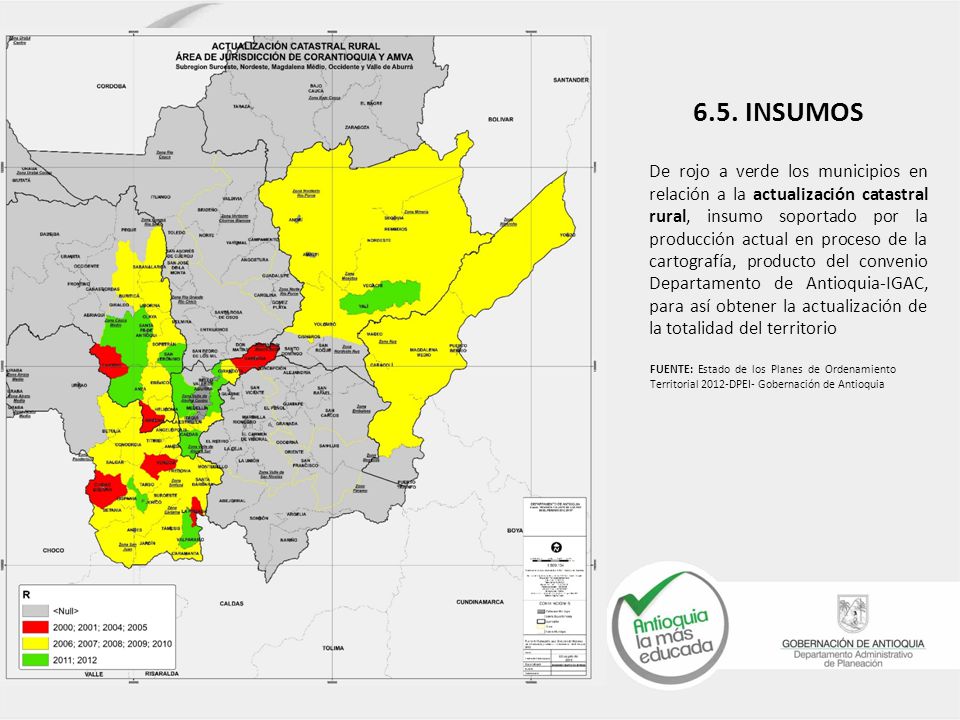 De rojo a verde los municipios en relación a la actualización catastral rural, insumo soportado por la producción actual en proceso de la cartografía, producto del convenio Departamento de Antioquia-IGAC, para así obtener la actualización de la totalidad del territorio