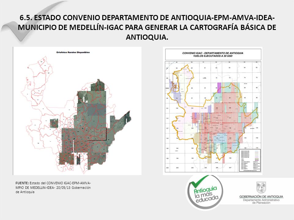6.5. ESTADO CONVENIO DEPARTAMENTO DE ANTIOQUIA-EPM-AMVA-IDEA-MUNICIPIO DE MEDELLÍN-IGAC PARA GENERAR LA CARTOGRAFÍA BÁSICA DE ANTIOQUIA.