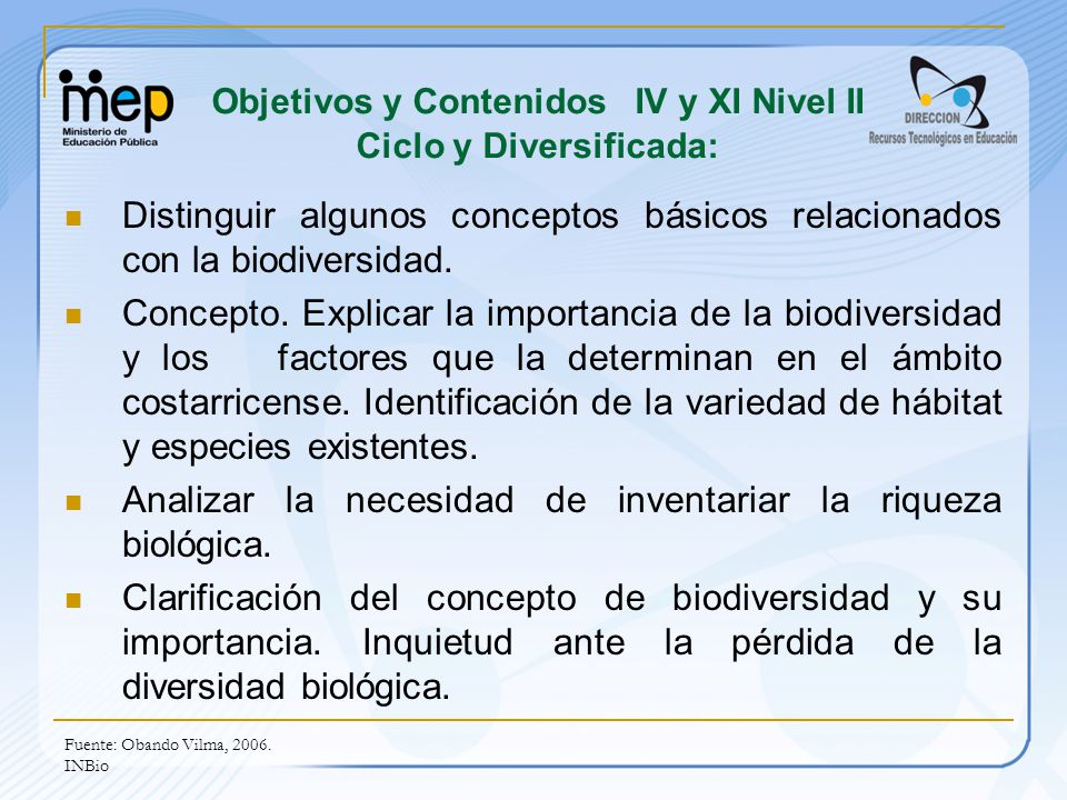 Objetivos y Contenidos IV y XI Nivel II Ciclo y Diversificada: