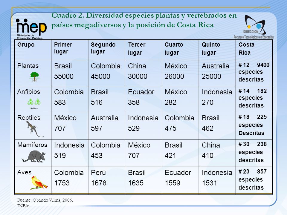 Cuadro 2. Diversidad especies plantas y vertebrados en países megadiversos y la posición de Costa Rica