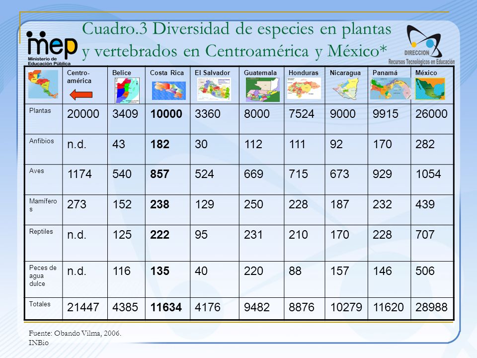 Cuadro.3 Diversidad de especies en plantas y vertebrados en Centroamérica y México*