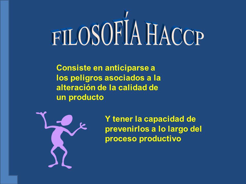 FILOSOFÍA HACCP Consiste en anticiparse a los peligros asociados a la alteración de la calidad de un producto.