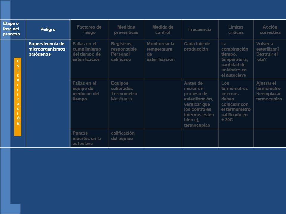 Etapa o fase del proceso Peligro Factores de riesgo