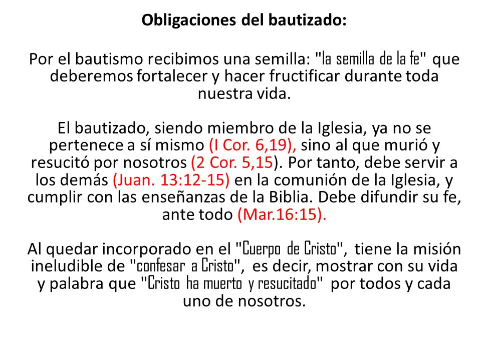 Obligaciones del bautizado: Por el bautismo recibimos una semilla: la semilla de la fe que deberemos fortalecer y hacer fructificar durante toda nuestra vida.
