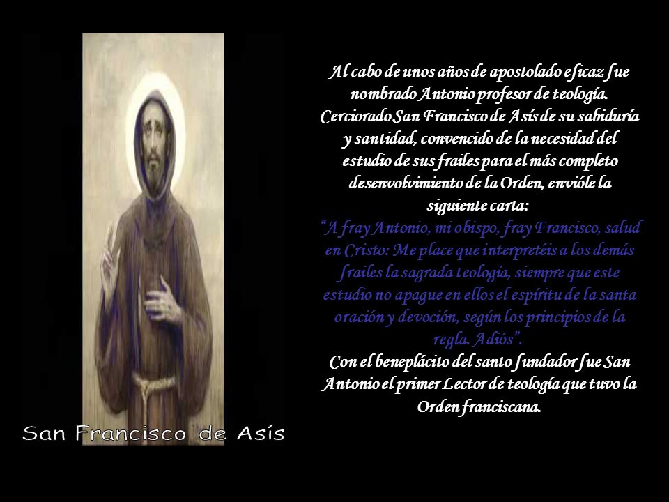 Al cabo de unos años de apostolado eficaz fue nombrado Antonio profesor de teología. Cerciorado San Francisco de Asís de su sabiduría y santidad, convencido de la necesidad del estudio de sus frailes para el más completo desenvolvimiento de la Orden, envióle la siguiente carta: A fray Antonio, mi obispo, fray Francisco, salud en Cristo: Me place que interpretéis a los demás frailes la sagrada teología, siempre que este estudio no apague en ellos el espíritu de la santa oración y devoción, según los principios de la regla. Adiós . Con el beneplácito del santo fundador fue San Antonio el primer Lector de teología que tuvo la Orden franciscana.