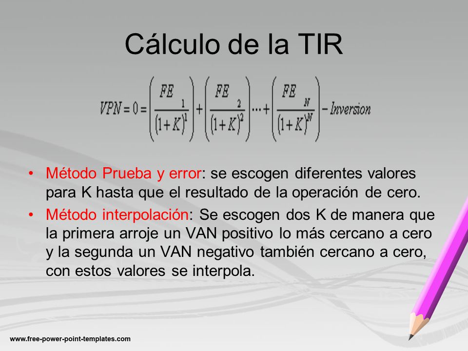 Cálculo de la TIR Método Prueba y error: se escogen diferentes valores para K hasta que el resultado de la operación de cero.