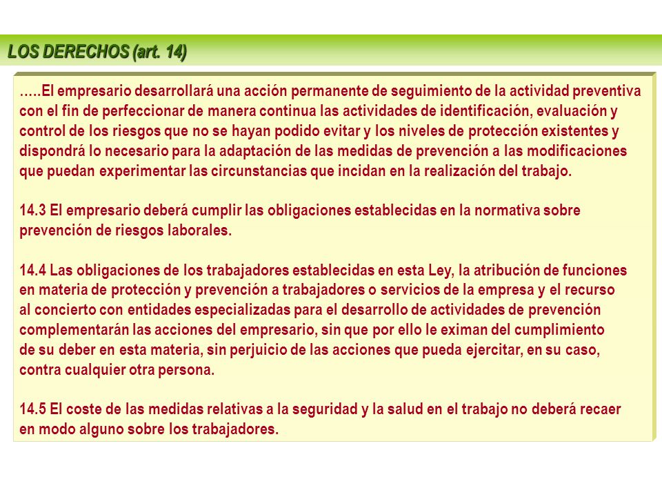 LOS DERECHOS (art. 14) …..El empresario desarrollará una acción permanente de seguimiento de la actividad preventiva.