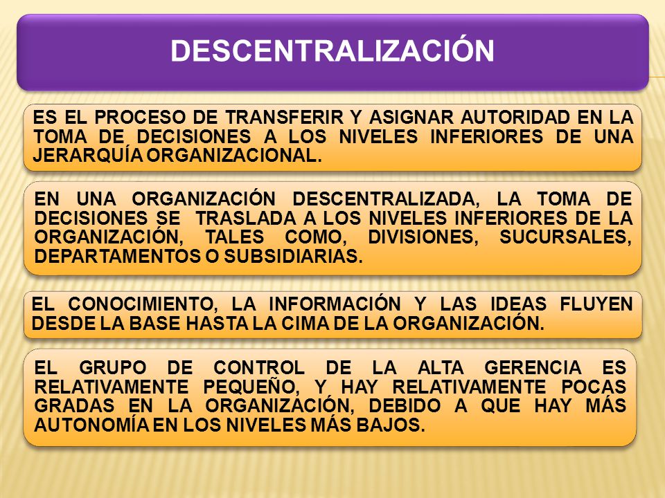 DESCENTRALIZACIÓN ES EL PROCESO DE TRANSFERIR Y ASIGNAR AUTORIDAD EN LA TOMA DE DECISIONES A LOS NIVELES INFERIORES DE UNA JERARQUÍA ORGANIZACIONAL.