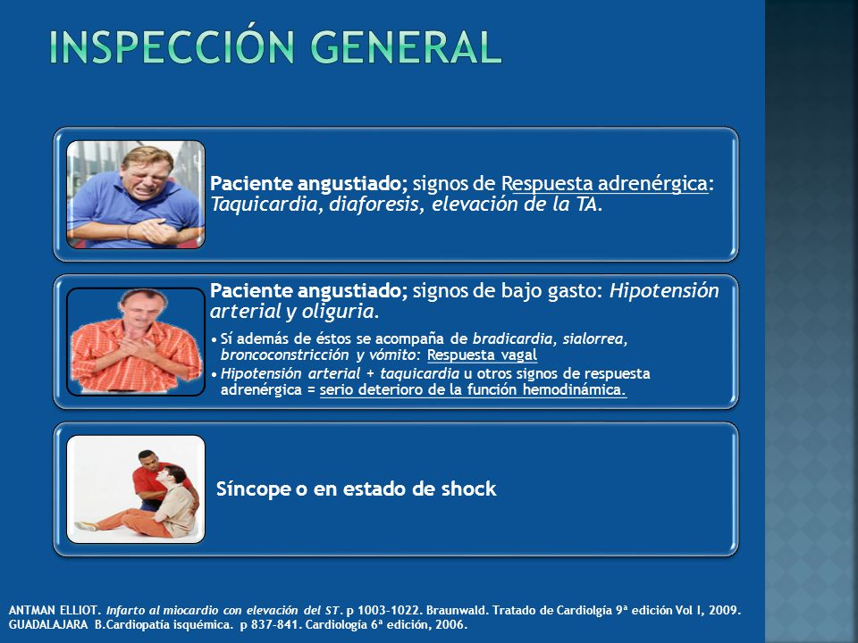 inspección generaL Paciente angustiado; signos de Respuesta adrenérgica: Taquicardia, diaforesis, elevación de la TA.