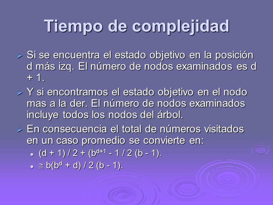 Tiempo de complejidad Si se encuentra el estado objetivo en la posición d más izq. El número de nodos examinados es d + 1.