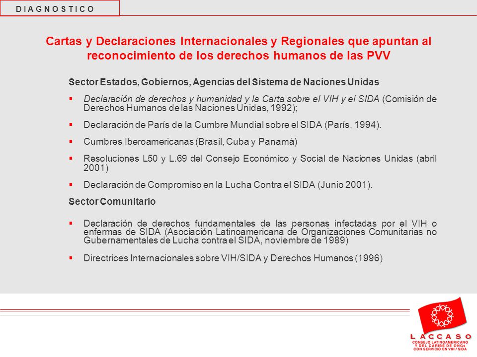 D I A G N O S T I C O Cartas y Declaraciones Internacionales y Regionales que apuntan al reconocimiento de los derechos humanos de las PVV.