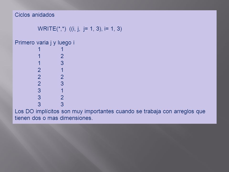 Ciclos anidados WRITE(*,*) ((i, j, j= 1, 3), i= 1, 3) Primero varia j y luego i