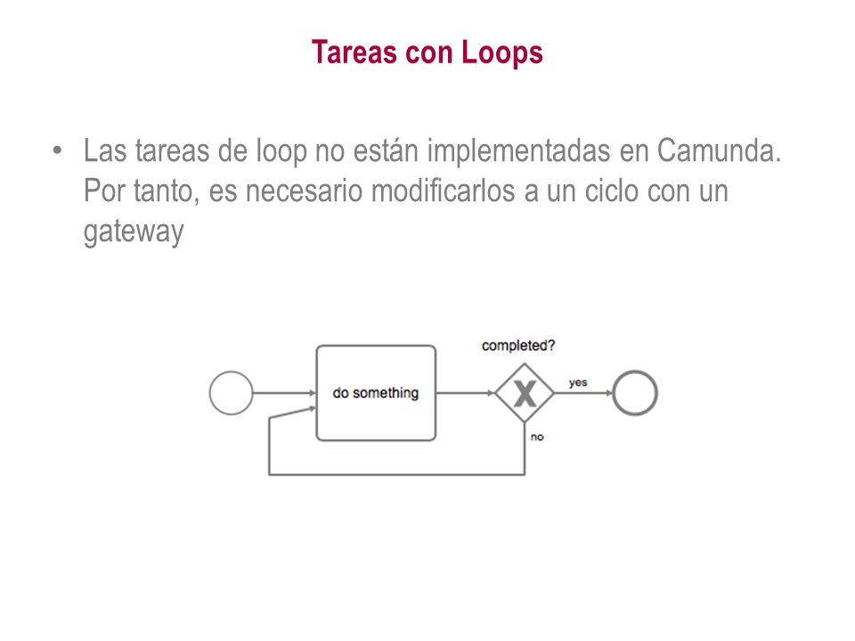 Tareas con Loops Las tareas de loop no están implementadas en Camunda.