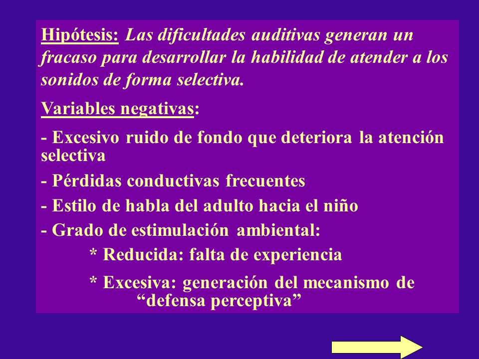Hipótesis: Las dificultades auditivas generan un fracaso para desarrollar la habilidad de atender a los sonidos de forma selectiva.