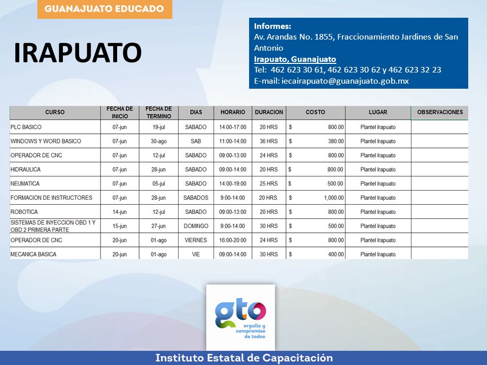 Informes: Av. Arandas No. 1855, Fraccionamiento Jardines de San Antonio. Irapuato, Guanajuato. Tel: , y