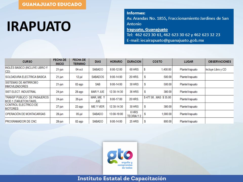 Informes: Av. Arandas No. 1855, Fraccionamiento Jardines de San Antonio. Irapuato, Guanajuato. Tel: , y