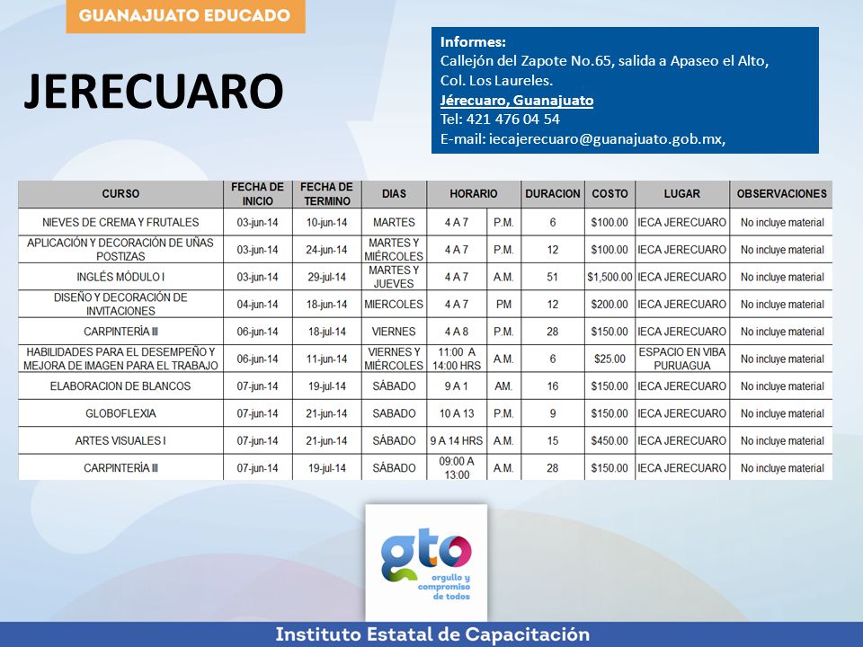 Informes: Callejón del Zapote No.65, salida a Apaseo el Alto, Col. Los Laureles. Jérecuaro, Guanajuato.