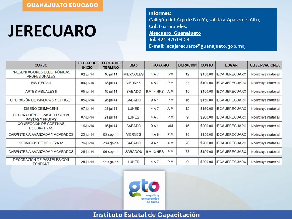 Informes: Callejón del Zapote No.65, salida a Apaseo el Alto, Col. Los Laureles. Jérecuaro, Guanajuato.