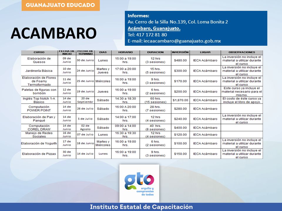 ACAMBARO Informes: Av. Cerro de la Silla No.139, Col. Loma Bonita 2