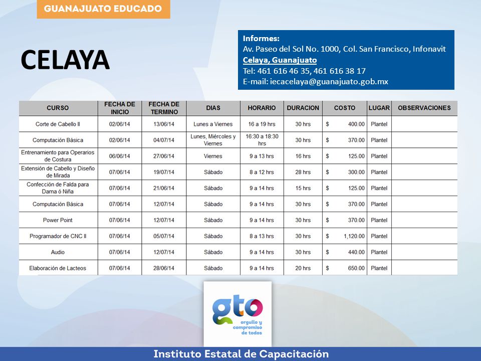 CELAYA Informes: Av. Paseo del Sol No. 1000, Col. San Francisco, Infonavit. Celaya, Guanajuato. Tel: ,