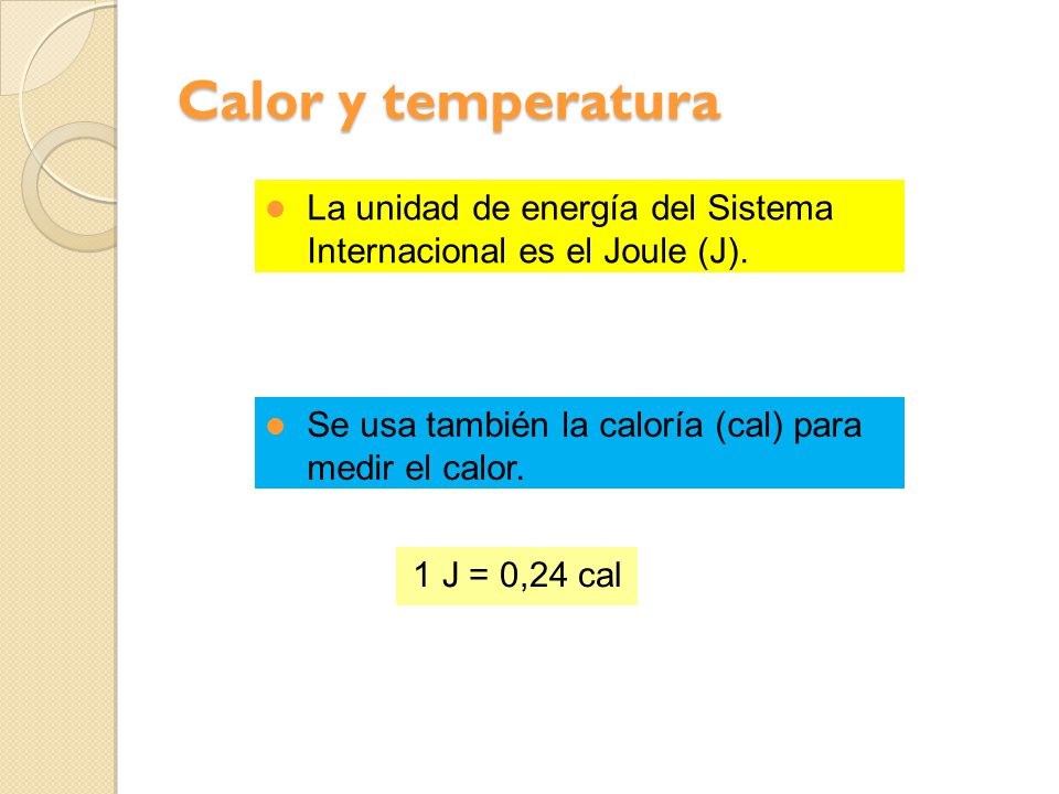 Calor y temperatura La unidad de energía del Sistema Internacional es el Joule (J). Se usa también la caloría (cal) para medir el calor.