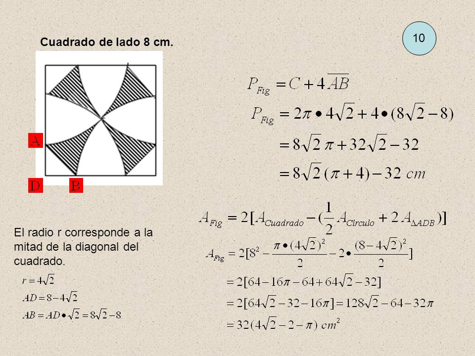10 Cuadrado de lado 8 cm. El radio r corresponde a la mitad de la diagonal del cuadrado.