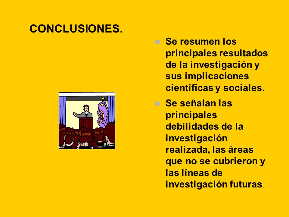 CONCLUSIONES. Se resumen los principales resultados de la investigación y sus implicaciones científicas y sociales.