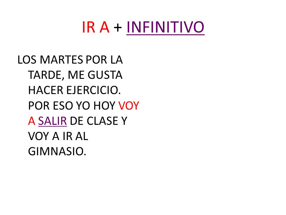 IR A + INFINITIVO LOS MARTES POR LA TARDE, ME GUSTA HACER EJERCICIO.
