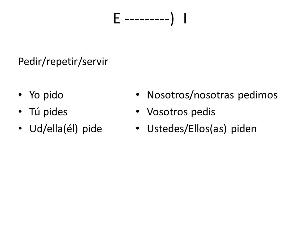 E ) I Pedir/repetir/servir Yo pido Tú pides Ud/ella(él) pide