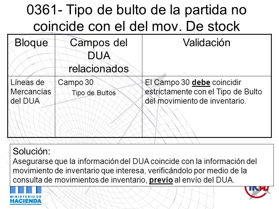 0361- Tipo de bulto de la partida no coincide con el del mov. De stock