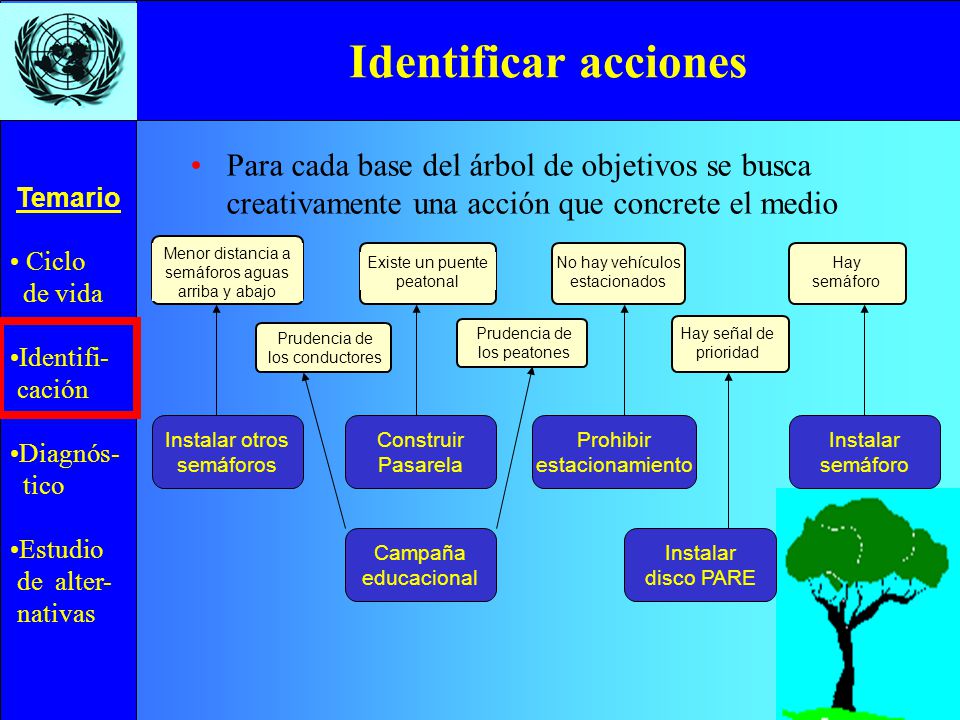 Identificar acciones Para cada base del árbol de objetivos se busca creativamente una acción que concrete el medio.