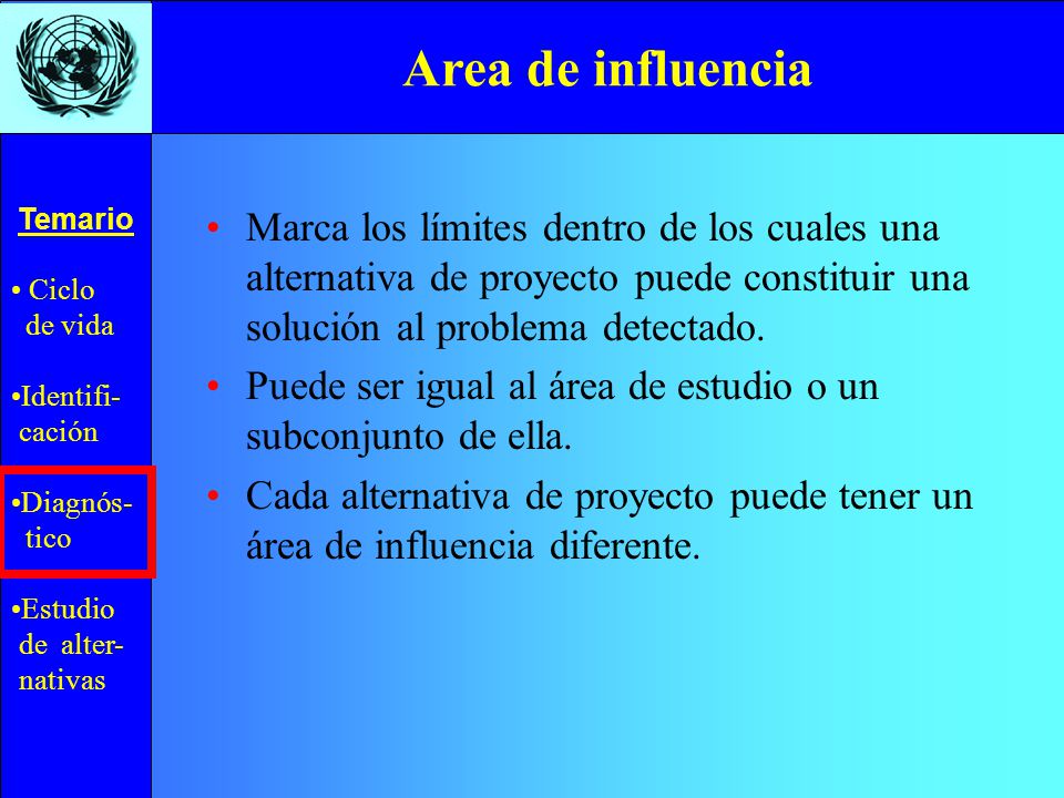 Area de influencia Marca los límites dentro de los cuales una alternativa de proyecto puede constituir una solución al problema detectado.