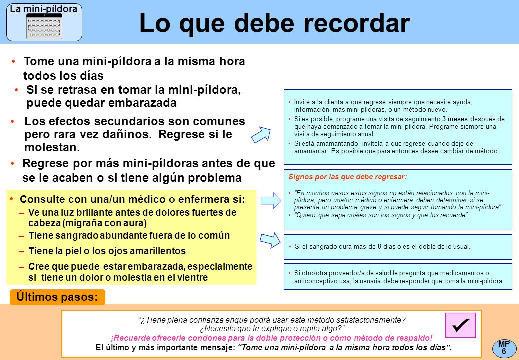 Lo que debe recordar La mini-píldora. Tome una mini-píldora a la misma hora todos los días.