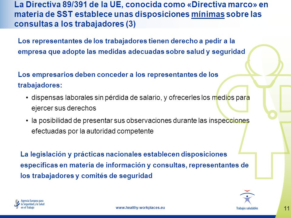 La Directiva 89/391 de la UE, conocida como «Directiva marco» en materia de SST establece unas disposiciones mínimas sobre las consultas a los trabajadores (3)