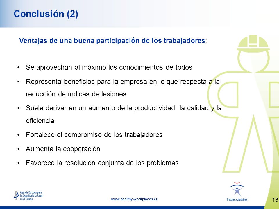 Conclusión (2) Ventajas de una buena participación de los trabajadores: Se aprovechan al máximo los conocimientos de todos.