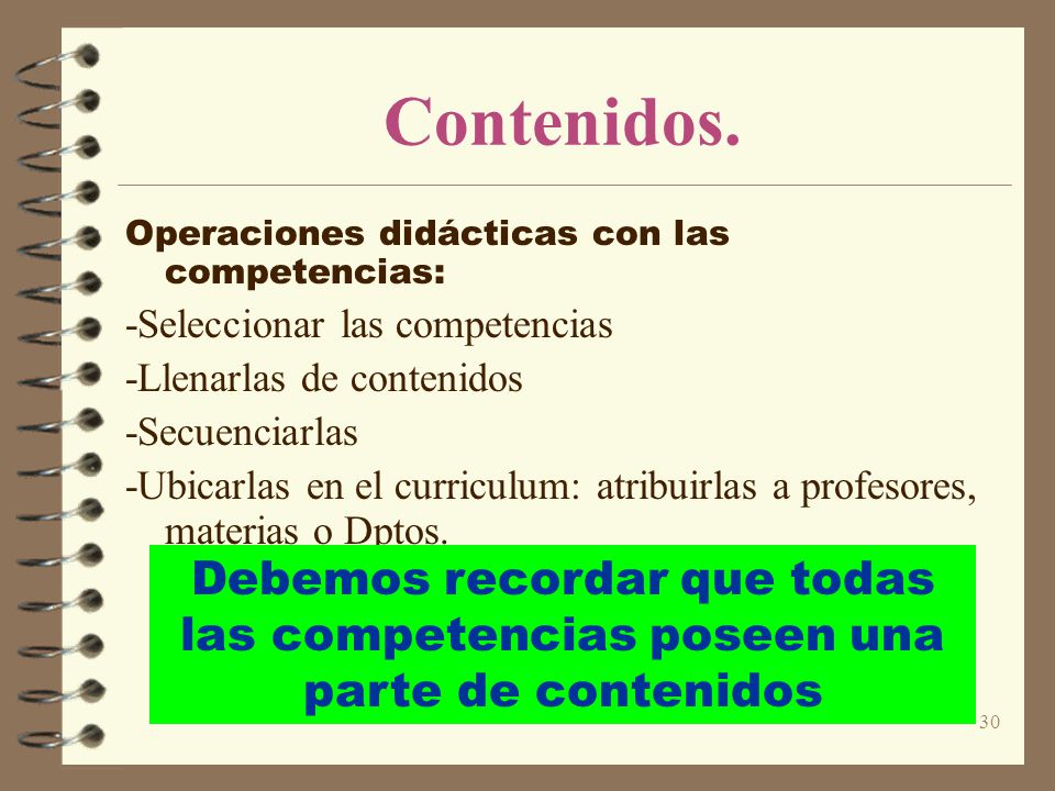 Contenidos. Operaciones didácticas con las competencias: -Seleccionar las competencias. -Llenarlas de contenidos.