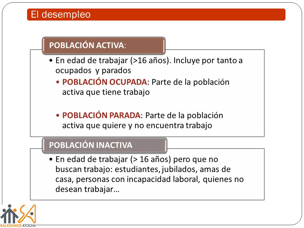 El desempleo En edad de trabajar (>16 años). Incluye por tanto a ocupados y parados.