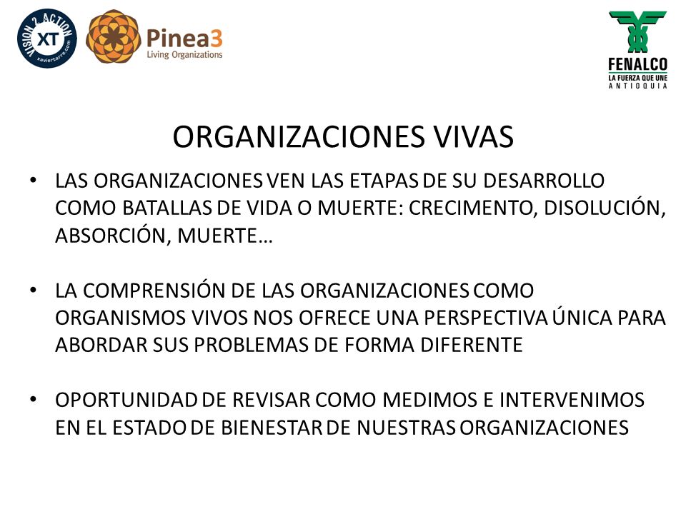 ORGANIZACIONES VIVAS LAS ORGANIZACIONES VEN LAS ETAPAS DE SU DESARROLLO COMO BATALLAS DE VIDA O MUERTE: CRECIMENTO, DISOLUCIÓN, ABSORCIÓN, MUERTE…