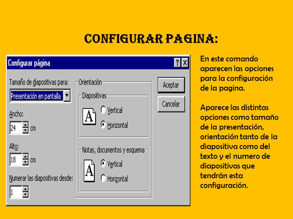 Configurar pagina: En este comando aparecen las opciones para la configuración de la pagina.
