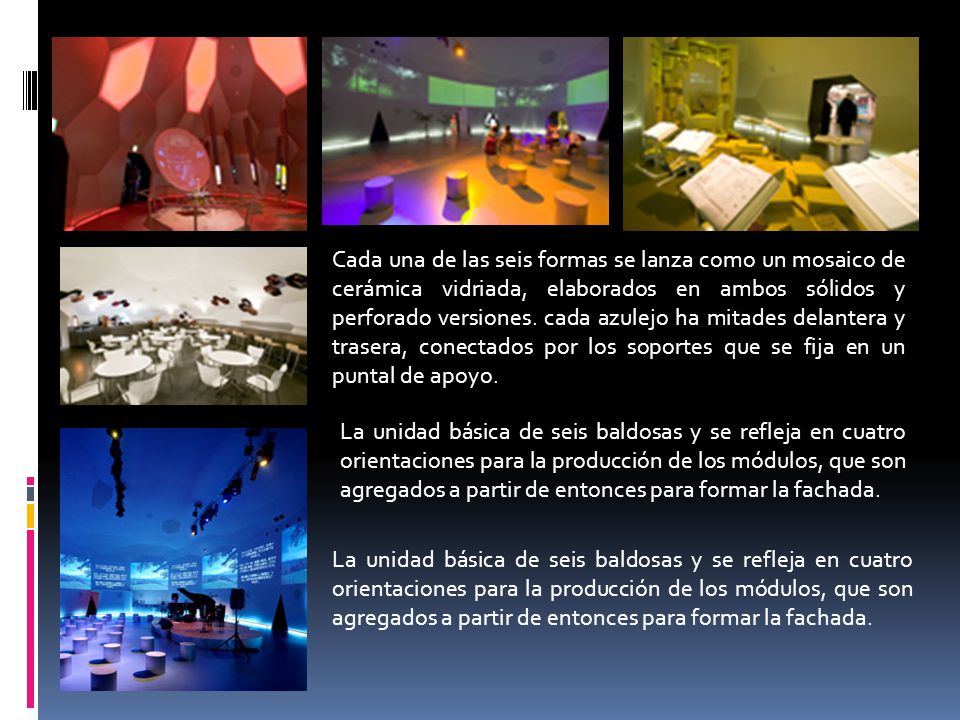 Cada una de las seis formas se lanza como un mosaico de cerámica vidriada, elaborados en ambos sólidos y perforado versiones. cada azulejo ha mitades delantera y trasera, conectados por los soportes que se fija en un puntal de apoyo.
