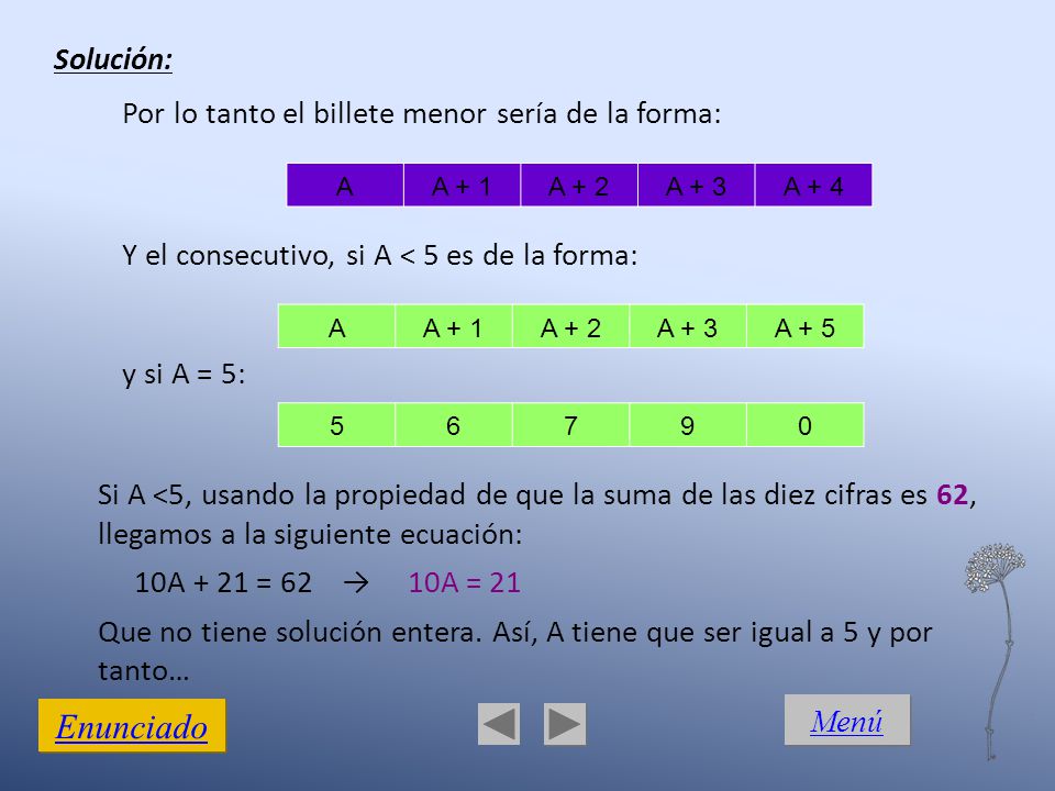 Enunciado Solución: Por lo tanto el billete menor sería de la forma: