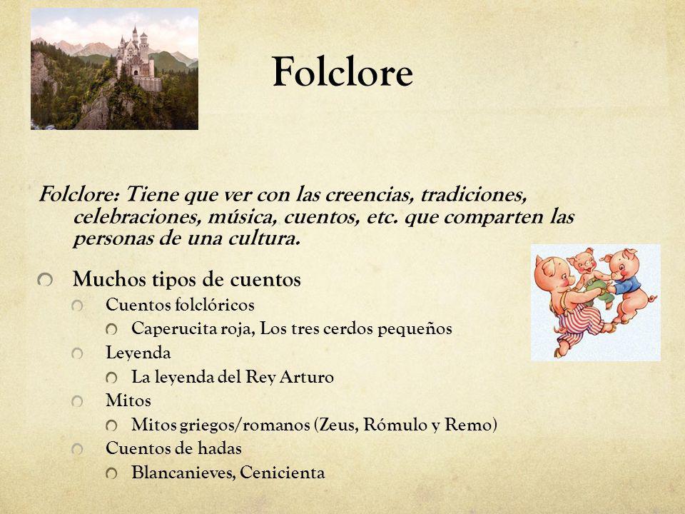 Folclore Folclore: Tiene que ver con las creencias, tradiciones, celebraciones, música, cuentos, etc. que comparten las personas de una cultura.