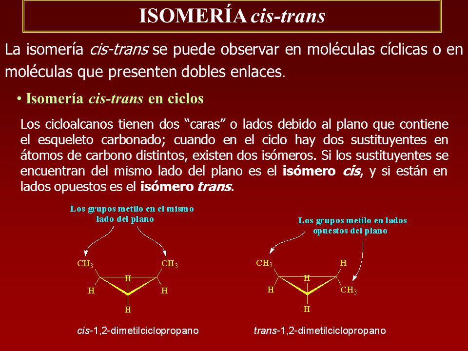 ISOMERÍA cis-trans La isomería cis-trans se puede observar en moléculas cíclicas o en moléculas que presenten dobles enlaces.
