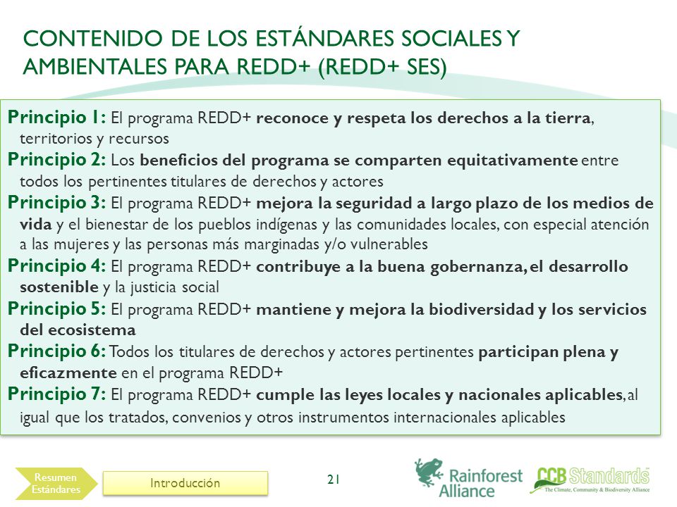CONTENIDO DE LOS ESTÁNDARES SOCIALES Y AMBIENTALES PARA REDD+ (REDD+ SES)